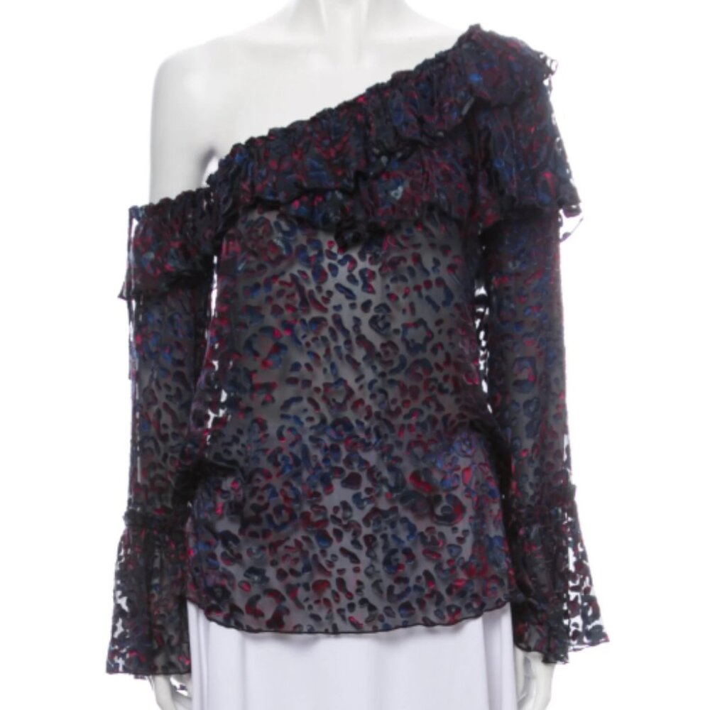 IRO Blue Ruffle Leopard Patterned One-Shoulder Blouse